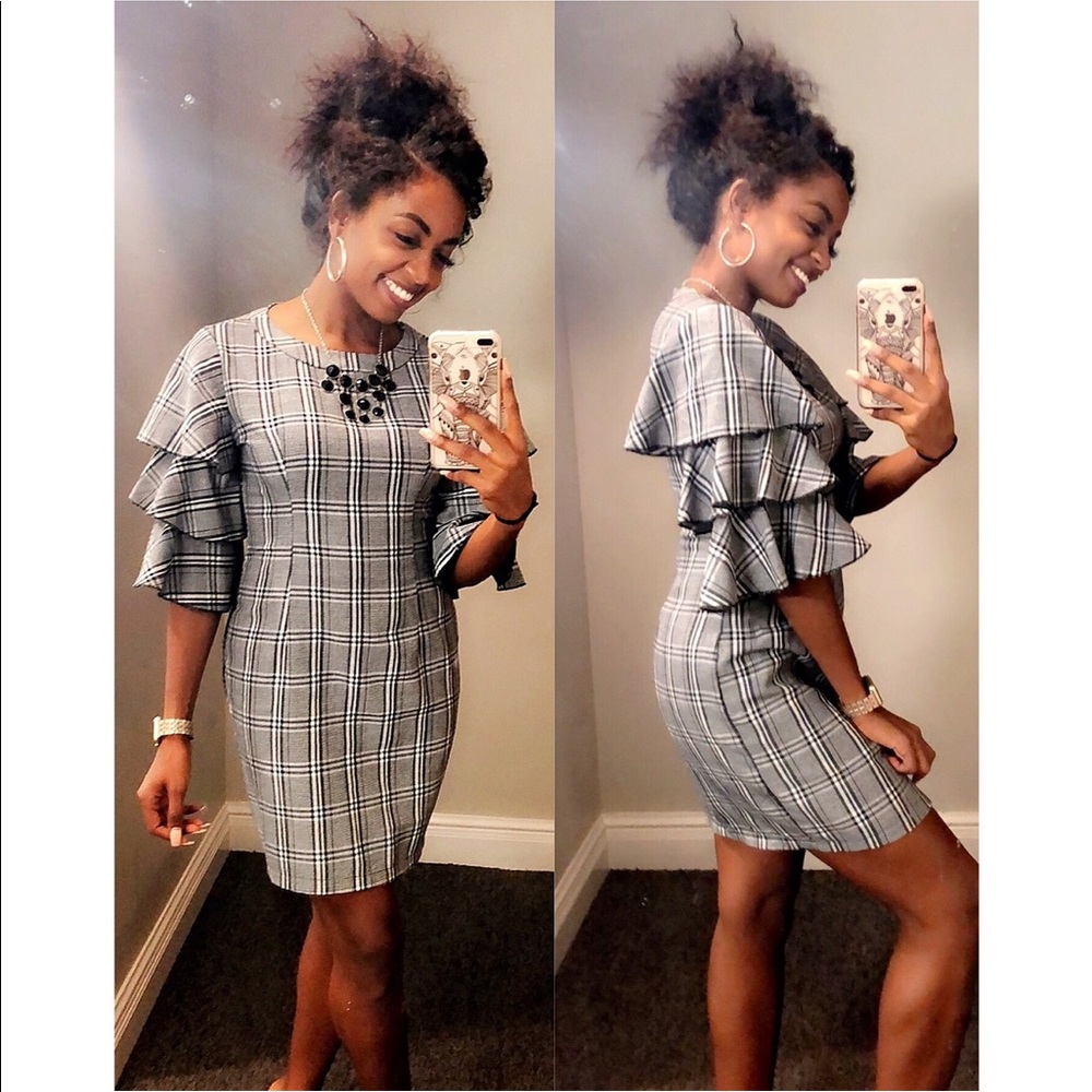 Plaid Bell Sleeve Work Dress